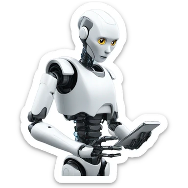 a humanoid robot looking at his iphone sticker