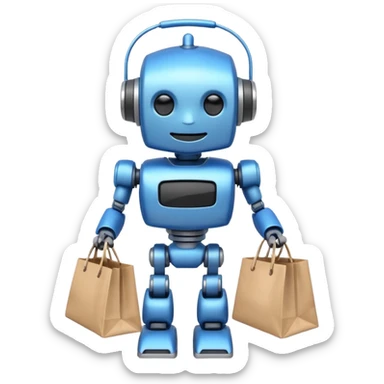 black friday robot with blue and metalic colours with bags in his hands smiling sticker