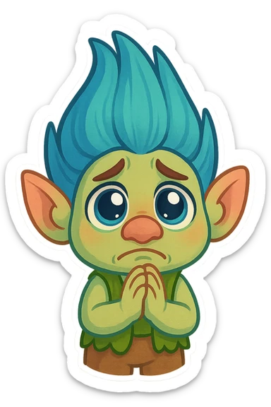 animated emoji of a troll with big eyes and a pleading gesture, looking for assistance, colorful and playful sticker