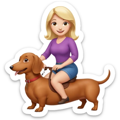 A blonde curvy woman riding on top of a dachshund sticker
