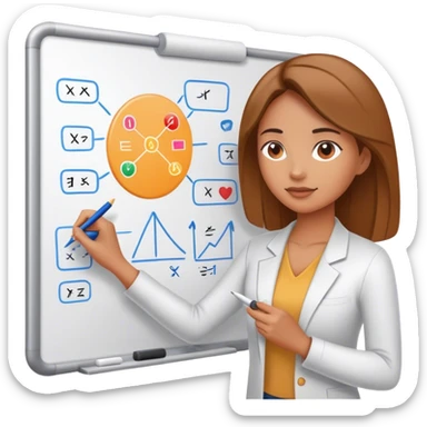 Woman writing on whiteboard with diagrams on it sticker
