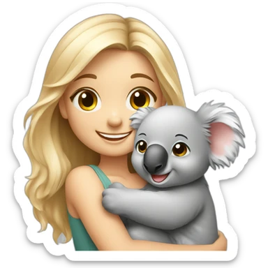 Cute happy smiling blonde girl warm holding cute koala sticker