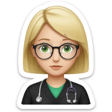 A girl in black scrubs with a blonde bob and glasses no stethoscope green eyes sticker