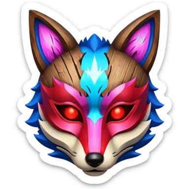 Ancient wooden mask, split in half, luminous and neon with red, blue and pink fox-like glow. sticker