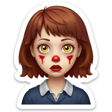 FAÇA UMA PERSONAGEM FOFA COM NARIZ DE BOLINHA AVERMELHADO CLARO E ZUMBI CABELO MARRON ONDULADO E FRANJA CURTA   COMO SE NÃO SOUBESSE OQ FEZ LÁBIOS CLAROS FECHADOS E OLHOS AMARELOS sticker