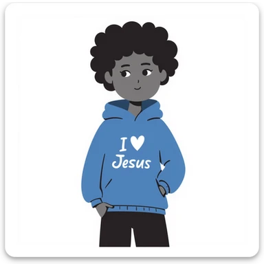short curly-haired dark skin girl, blue hoodie, 'I heart Jesus' text sticker