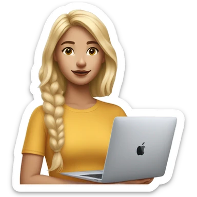 A blonde girl wearing airpods max and looking at a macbook sticker