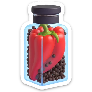 3D emoji style, transparent pepper case (pepper shaker) containing black pepper grains, three-dimensional and realistic look, no background sticker