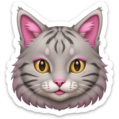 grey tabby cat: pink ears, fur, a little smile sticker