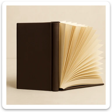 an open book viewed from behind, showing the back cover and slightly fanned pages sticker