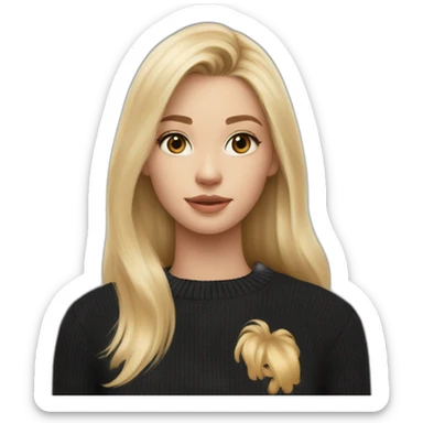 Blond girl in black sweater saying Calvin Klein on her chest sticker