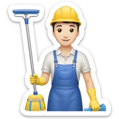 Custodian with yellow rubber gloves, mop sticker