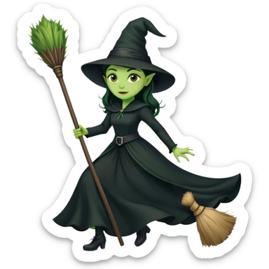 Elphaba, green witch with black hat and long black dress riding a broomstick sticker
