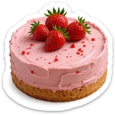 Remove the background, keep only the realistic round cake with pink frosting and strawberries, photorealistic style, transparent background. sticker