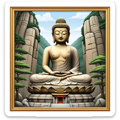 Cinematic Realistic image of the Big Buddha Monument of Sinheungsa Temple, portrayed as a towering, serene Buddha statue carved from weathered stone with intricate details and a gentle meditative expression, set within an ancient temple landscape enveloped in soft, ethereal lighting that underscores its spiritual majesty. sticker