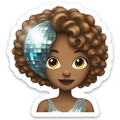 female with brown wavy hair dressed in a party dress and disco ball sticker