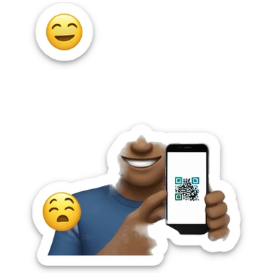 cheerful young man holding out a smartphone with a visible QR code on the screen sticker