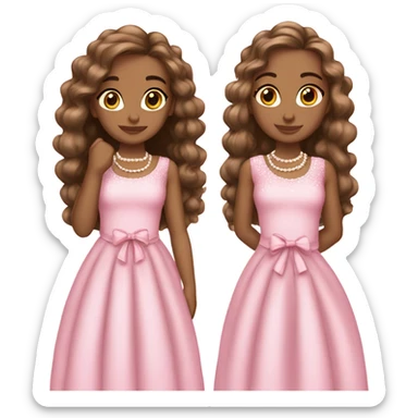 two teenage Latina twins. pink. Long hair. Pink bows. Pearls. Light pink. Diamonds dress. sticker
