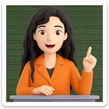 Make her hair longer, keep black wavy hair, no glasses, teaching and talking. Preserve transparent background. Maintain the original style and look of the image. sticker