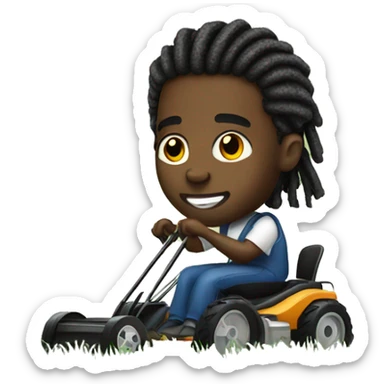 Black man with dreads in ponytail with a push lawn mower sticker