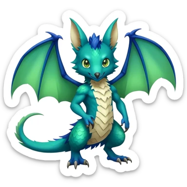 Cute cool fantasy animal hybrid bat-Sergal-Digimon-Fakemon full body, green scales, brown eyes, blue feathers sticker