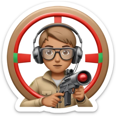 A focused shooter in protective headphones and special glasses, aiming precisely at a target. The setting includes a shooting range with clear markers and a calm, controlled environment, emphasizing concentration, accuracy, and the discipline of the sport sticker