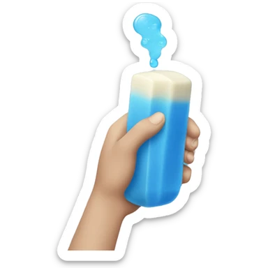 a hand holding a bubbly bar of blue soap sticker