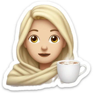 White girl with blonde hair wrapped in a blanket over a cup of hot chocolate sticker