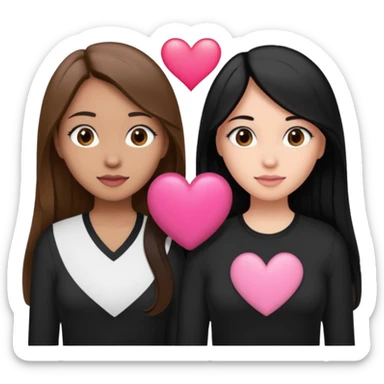 Dos mujeres juntas que una sea de color trigueña cabello castaño con una raya en medio y de color blanca cabello largo negro,  cabello castaño raya en medio, tengan polo blanco y negro y tengan un corazon rosado arriba sticker