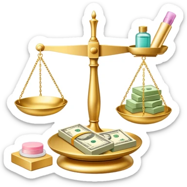 gold scale with dollars on one side and beauty products on the other sticker