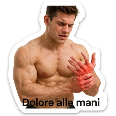 25-year-old bodybuilder with hand pain due to low collagen, hyper realistic style, visible muscles, red hands, discomfort expression, text 'Dolore alle mani', clinical atmosphere, light background sticker