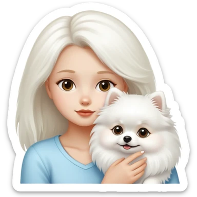 Girl looks at white Pomeranian dog sticker