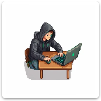 pixel art of a programmer in a dark hoodie, typing on a laptop, night setting sticker