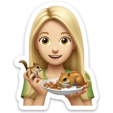Blonde girl feeding a chipmunk a nut sticker