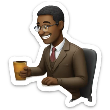 a man, smile, glass, are typing , with laptop in front, a cup of coffee on desk,  sticker