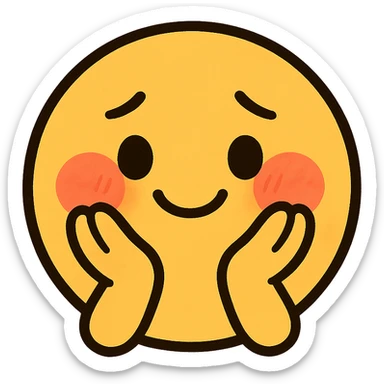 cute emoji, round face, shy smile, hands on cheeks, blushing sticker