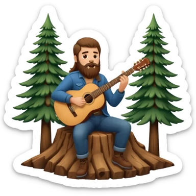 forest sticker character, bearded man with long brown hair playing acoustic guitar by pine trees sticker