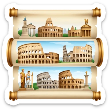 An icon featuring an ancient scroll, surrounded by famous historical landmarks and statues of notable figures, like the Colosseum or Napoleon. The design symbolizes the exploration of history through monuments and people. Transparent background highlights the pas sticker