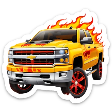 Bright yellow Chevrolet Silverado with professionally airbrushed red flame artwork with orange highlights, custom paint job like in Kill Bill, 30-degree angle showing detailed flames, iOS emoji style sticker