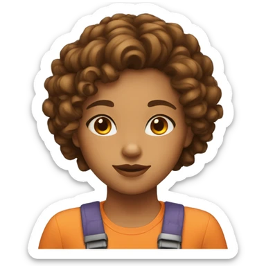 Girl with tan skin and short curly hair and big nose with orange cat sticker