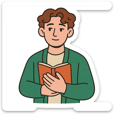 Calm and thoughtful male confidant, fair skin, soft wavy brown hair, gentle eyes, wearing a green cardigan over a light shirt, holding an open journal close to chest, waist-up, front-facing, pure background sticker