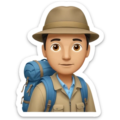 emoticon of a gentleman hiking, simple expressive face, minimal lines sticker