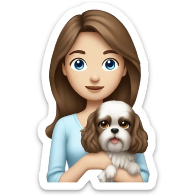 Brown hair girl with blue eyes holding shih ztu sticker