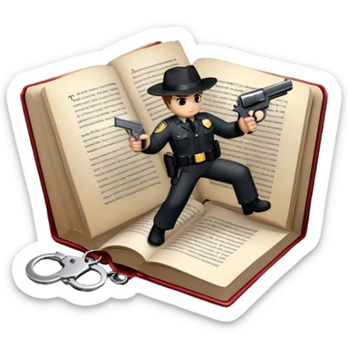 Icon for Action & Crime Reading: an open book with dramatic action scenes, surrounded by a gun, handcuffs, a badge, and a shadowy figure. The icon should evoke suspense, danger, and intrigue of crime and action stories. Transparent background. sticker