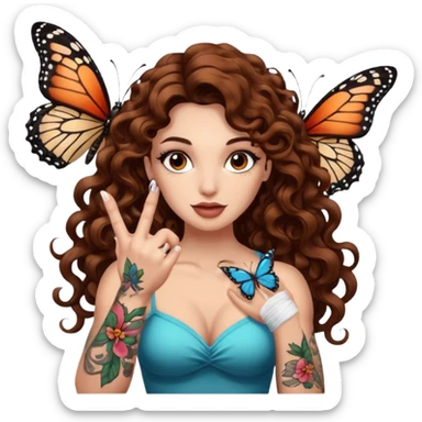 portrait woman long curly brown hair brown eyes white skin tattoos muscular build butterfly landing on finger sticker