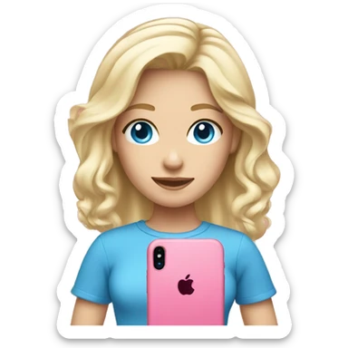 a white blond hair girl with blue eyes wearing a pink shirt holding a pink iphone  sticker