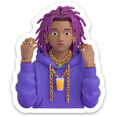 Juice WRLD with purple dreadlocks, designer hoodie, gold chains, and signature style sticker