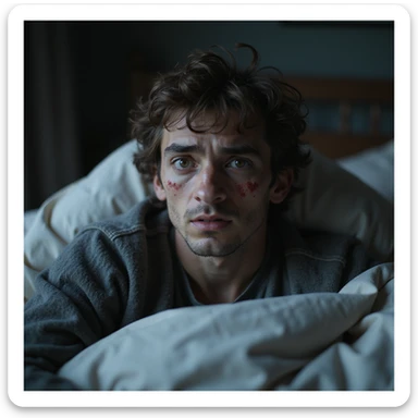 hyperrealistic 4K image of a man getting up from bed with swollen red eyes, face marked by fatigue, messy hair, home environment, cold morning light, stressed atmosphere sticker