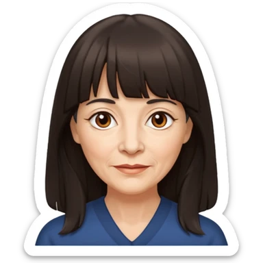 60 yr old woman, small brown eyes, long dark hair, bangs,  sticker