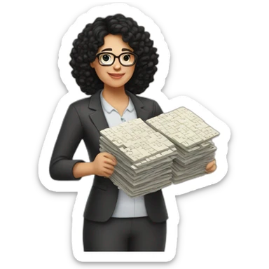 plump woman teacher in glasses with curly black hair holding large puzzles in her hands sticker